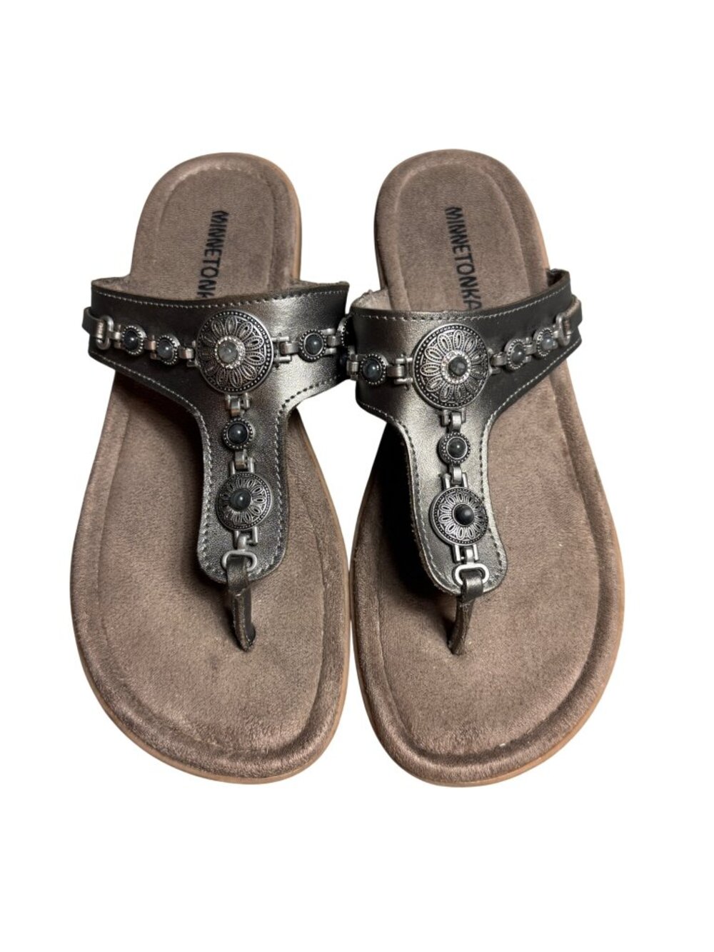 Minnetonka Womens Brecca Sandals Size 8M Pewter Thong Leather Limited Edition
